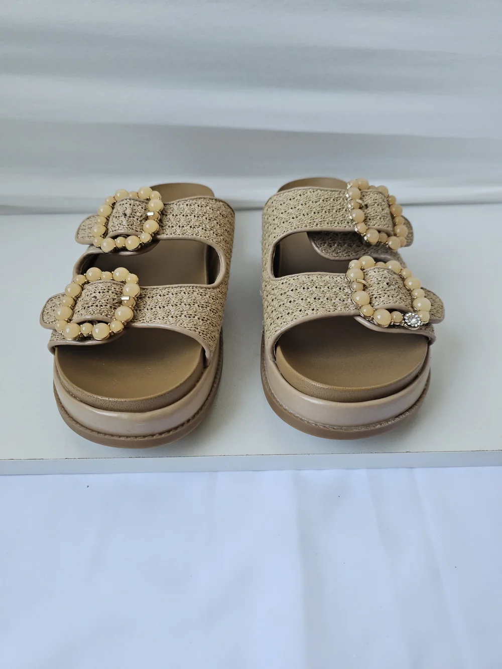 BCBGeneration Beau Raffia Beaded Buckle Slide Sandals - Size 10